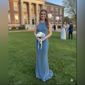 Cache Y2K blue beaded silk ethereal mermaidcore prom whimsical evening gown L